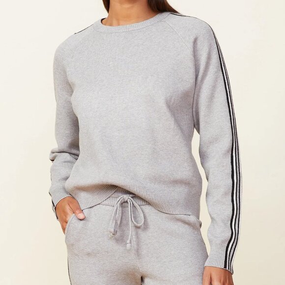 Monrow Soft Knit Track Raglan Sporty Side Seam Stripe Crewneck Sweater - Picture 7 of 7